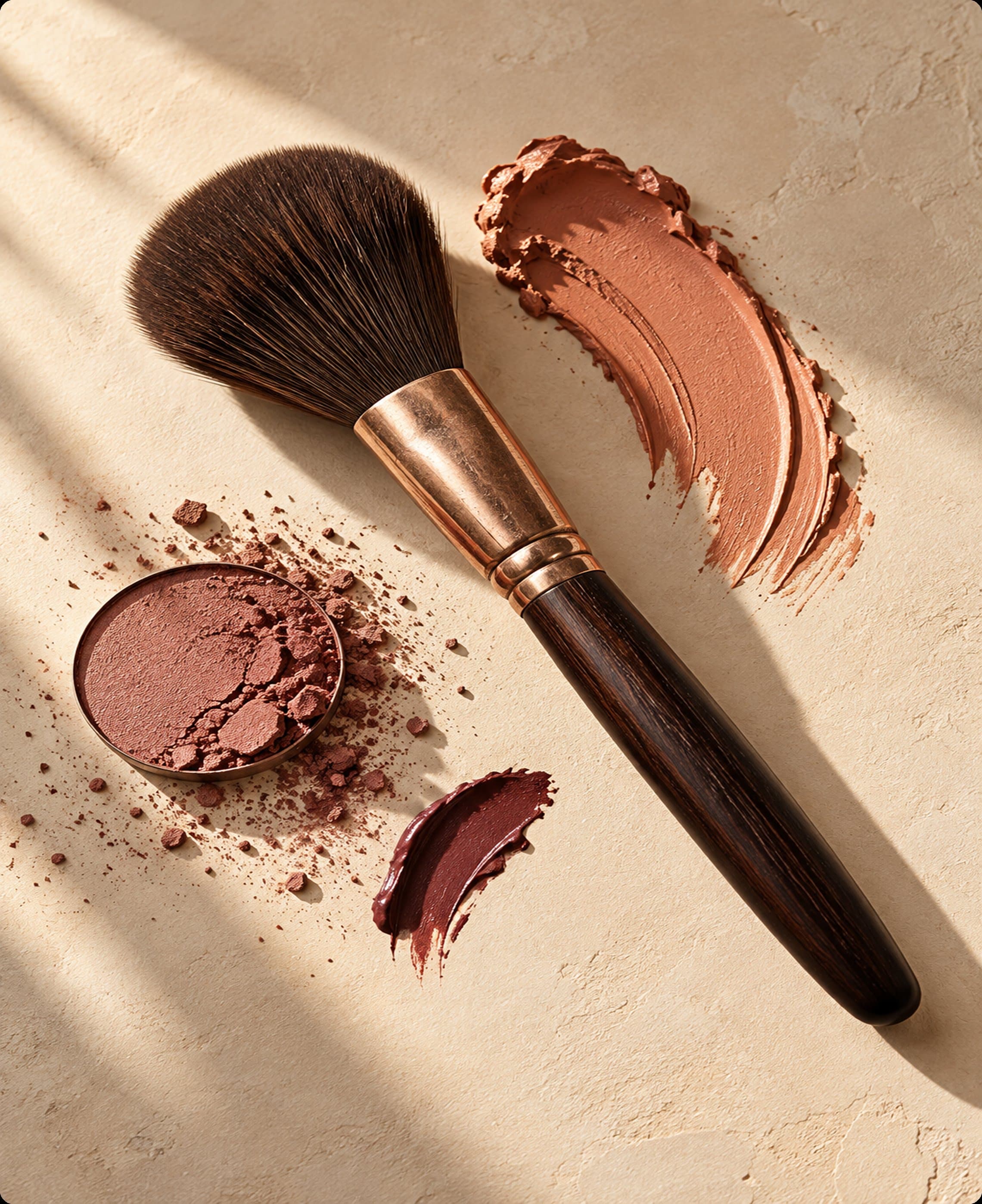 Makeup brush with bronze eyeshadow and lip colour swatches